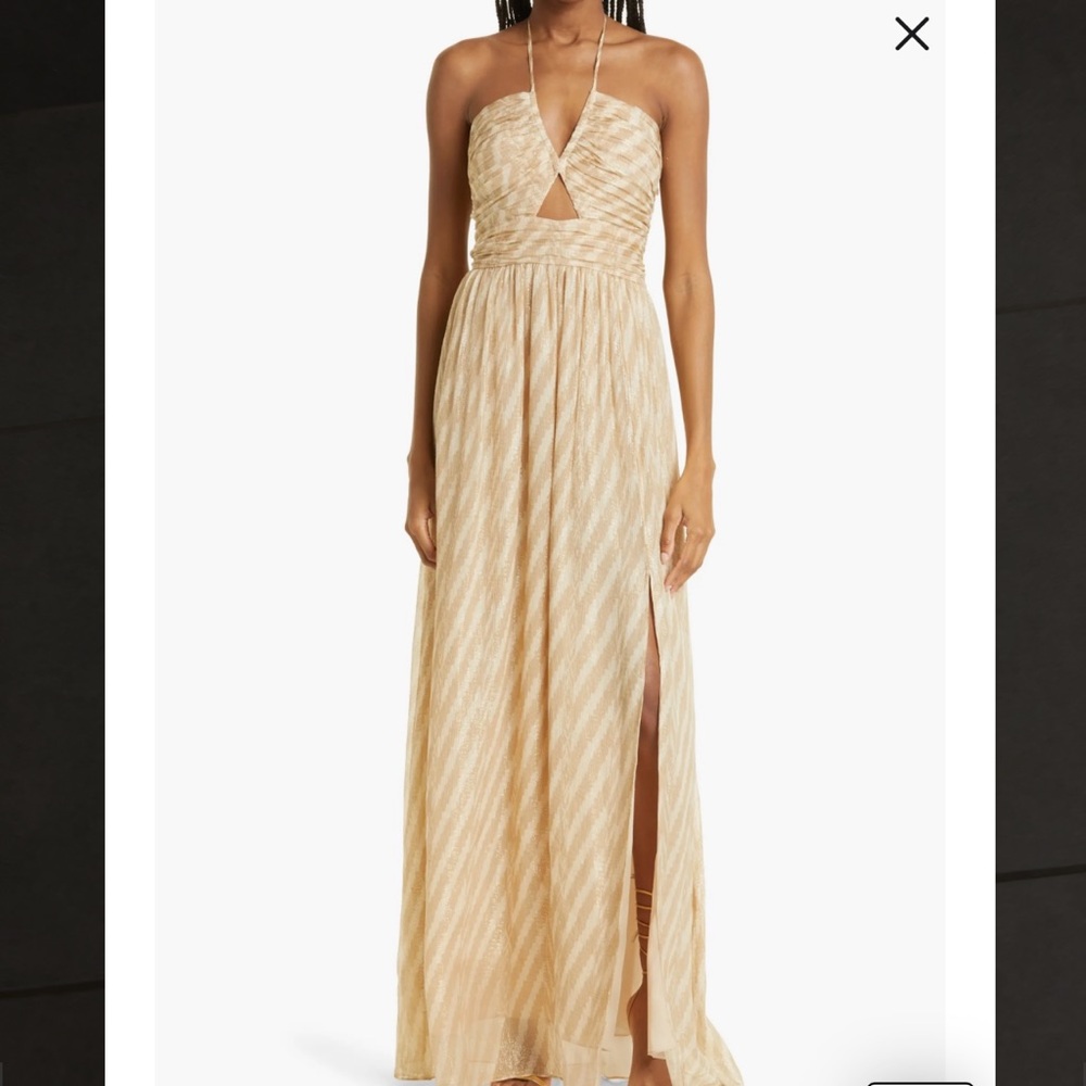 Ramy Brook Gold Halter Maxi Dress with Ruched Slit